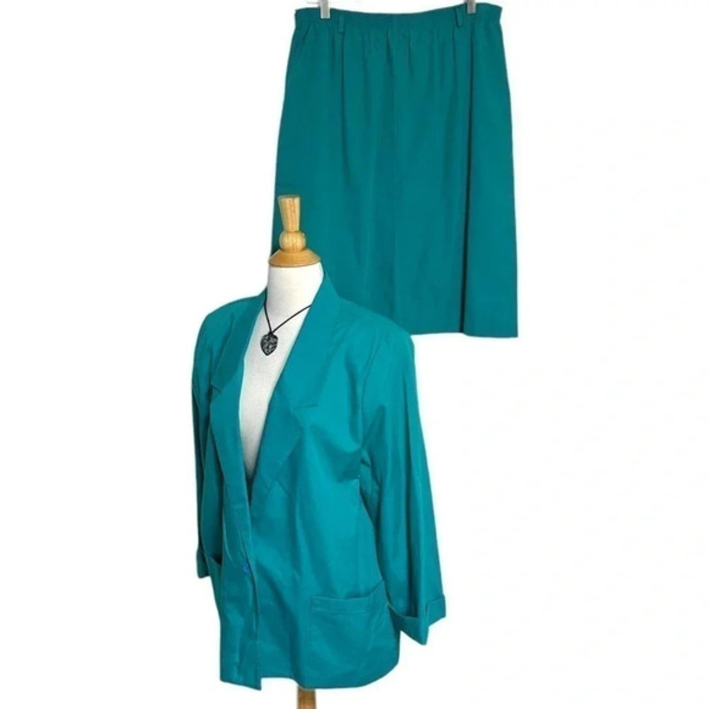 Alfred Dunner Skirt Suit 16 Teal Green Vintage 90s Blazer & Skirt Set USA Made